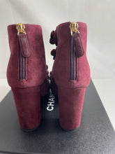 Load image into Gallery viewer, Chanel 17A Burgundy Suede Peeptoe Camellia Booties