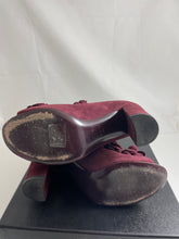 Load image into Gallery viewer, Chanel 17A Burgundy Suede Peeptoe Camellia Booties