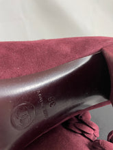 Load image into Gallery viewer, Chanel 17A Burgundy Suede Peeptoe Camellia Booties