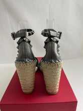 Load image into Gallery viewer, Valentino Metallic Gray Leather Rockstud Ankle Wrap Sandal Espadrilles