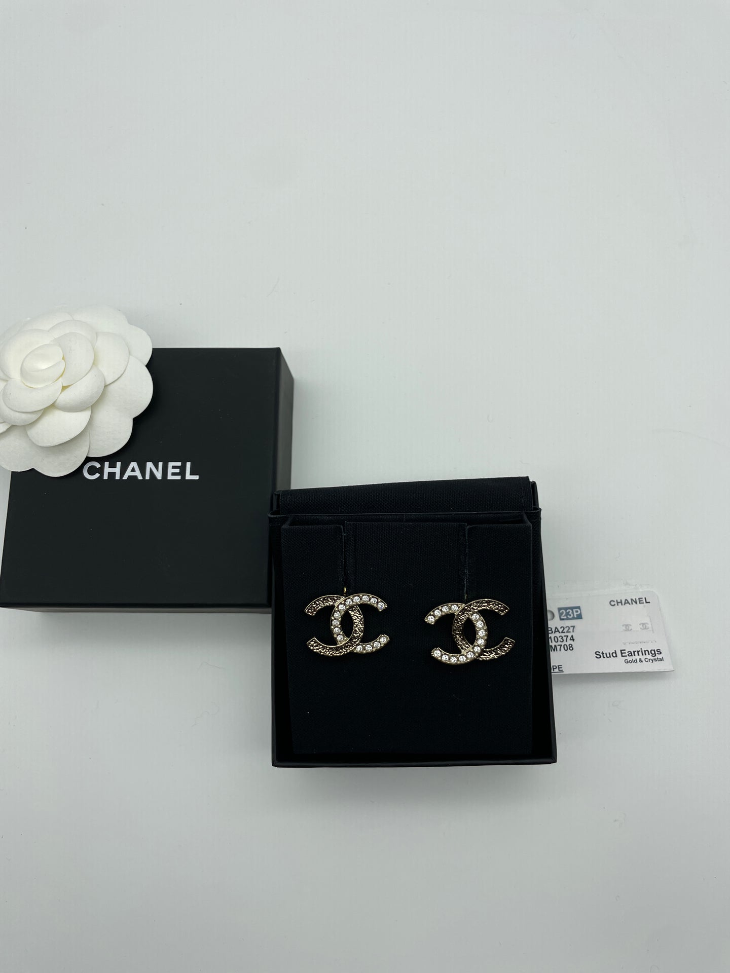 Chanel CC Hammered Gold Tone Crystal Earrings