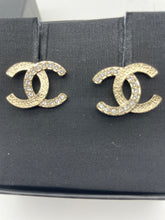 Load image into Gallery viewer, Chanel CC Hammered Gold Tone Crystal Earrings

