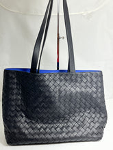 Load image into Gallery viewer, Bottega Veneta Black Blue Intreciatto Leather Tote Handbag
