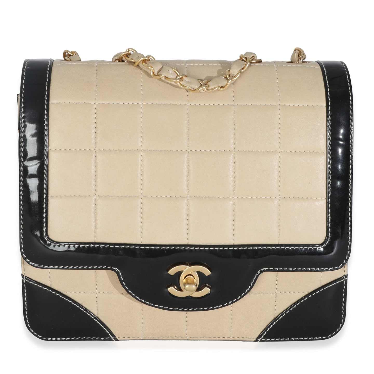 Vintage Beige Lambskin Black Patent Square Quilt Frame Flap Bag