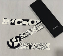 Load image into Gallery viewer, Chanel Comic Black White Twilly Silk Bandeau Scarf
