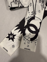 Load image into Gallery viewer, Chanel Comic Black White Twilly Silk Bandeau Scarf
