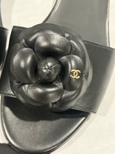 Load image into Gallery viewer, Chanel 24P Black Logo  Camellia Sandals
