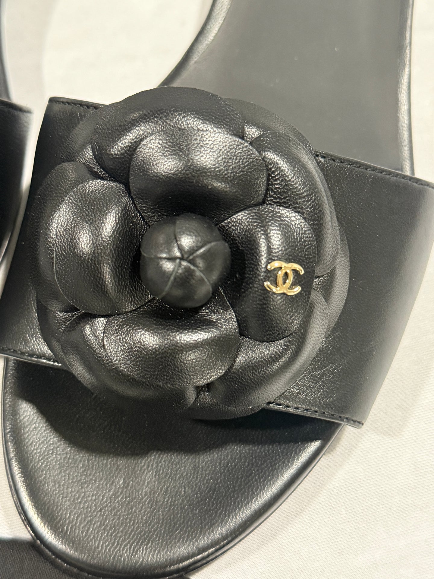Chanel 24P Black Logo  Camellia Sandals