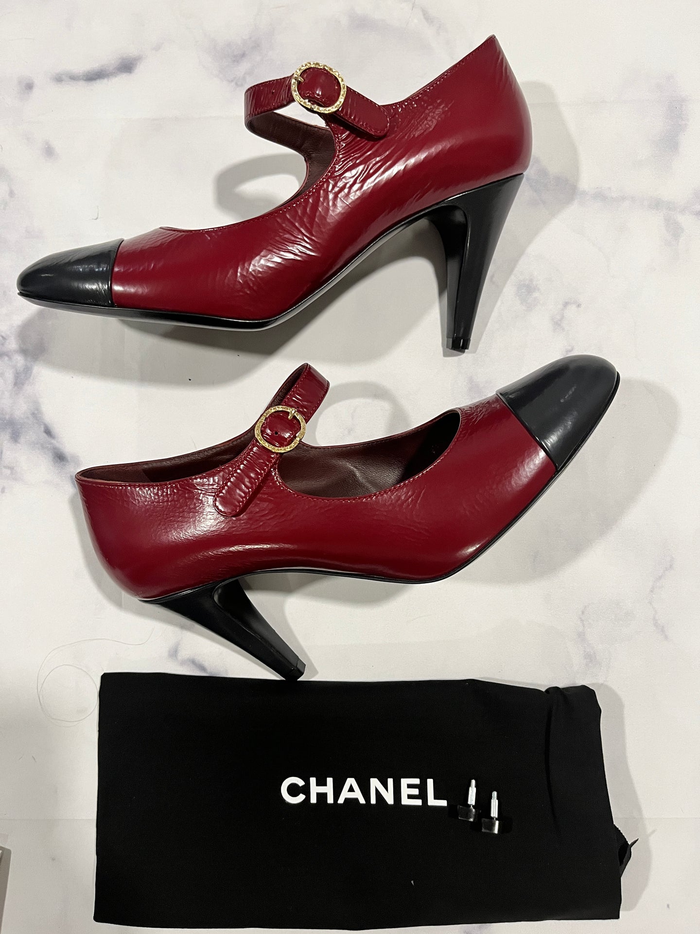 Chanel 22A Burgundy Dark Grey Mary Jane Pumps