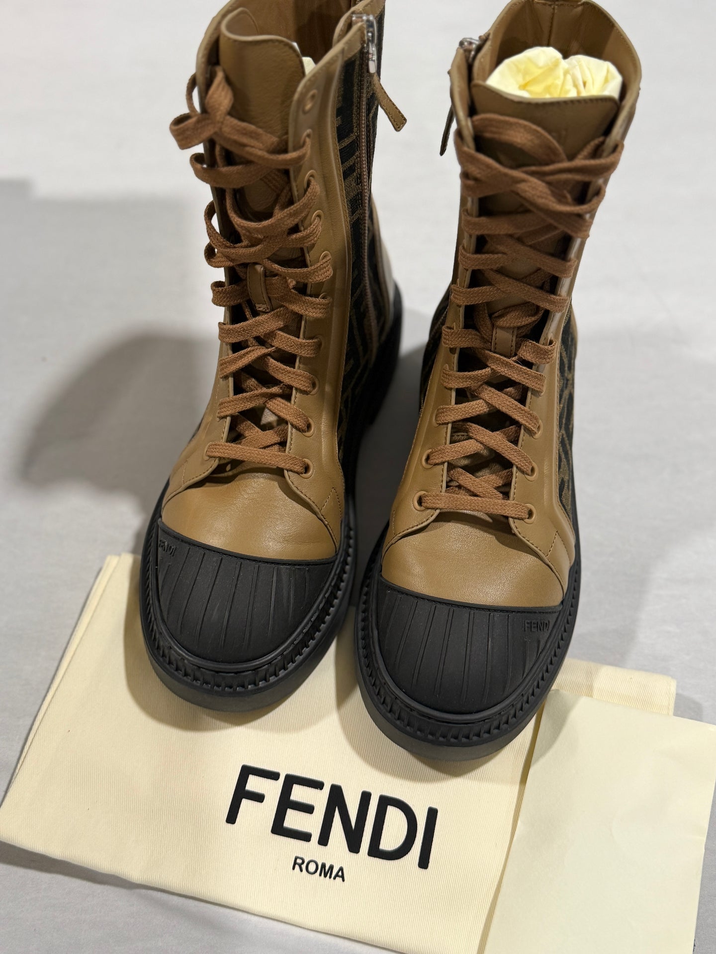 Fendi Brown Zucca Leather Lace Up Combat Boots