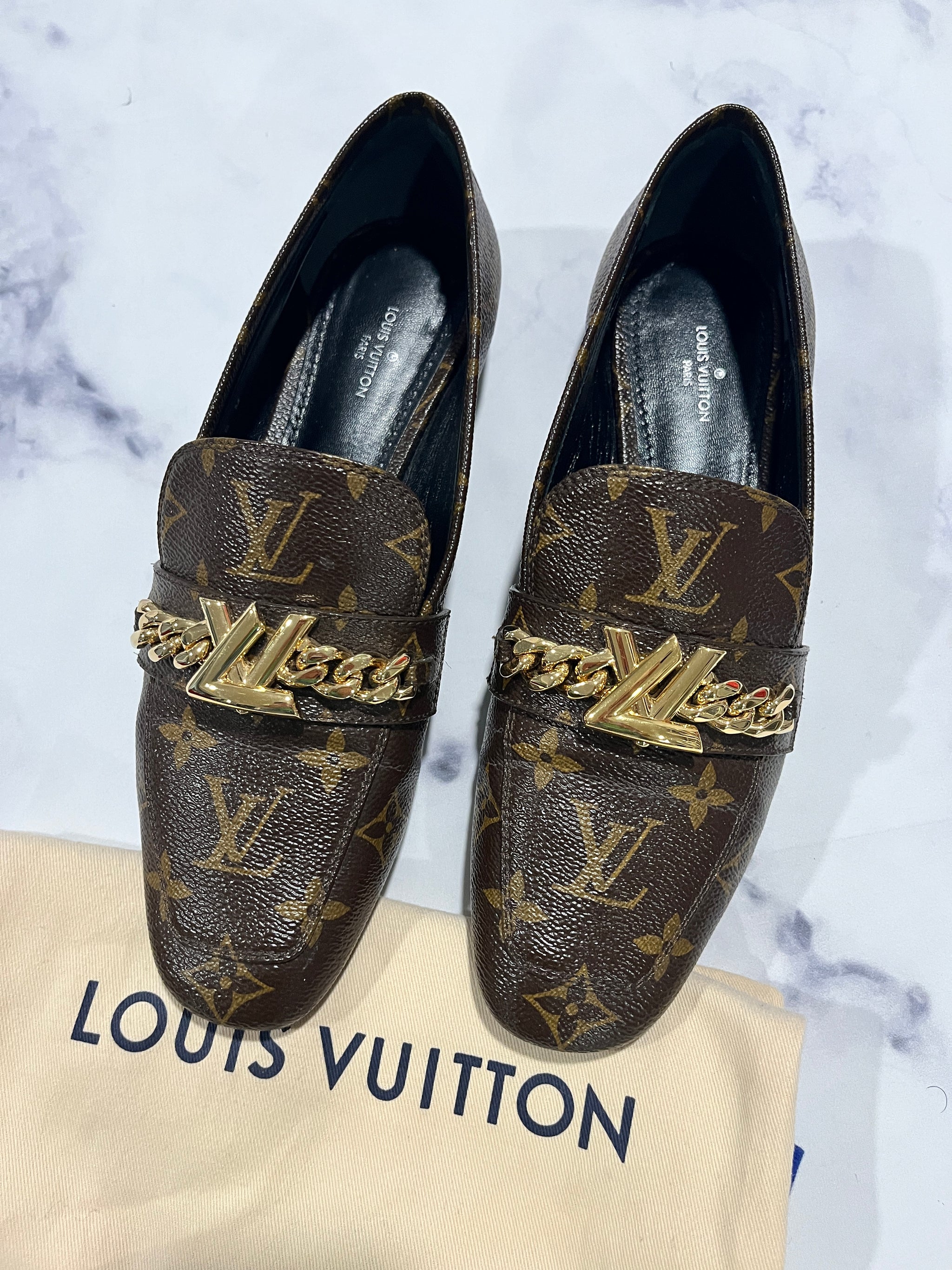 Louis Vuitton Black Leather Loafers with Gold LV Chain Loafers All Shoes Shoes | LOUIS VUITTON main image 2
