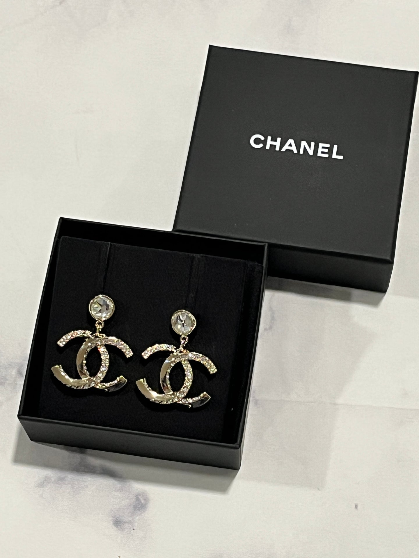 Chanel 23B CC Gold Tone Drop Crystal Earrings