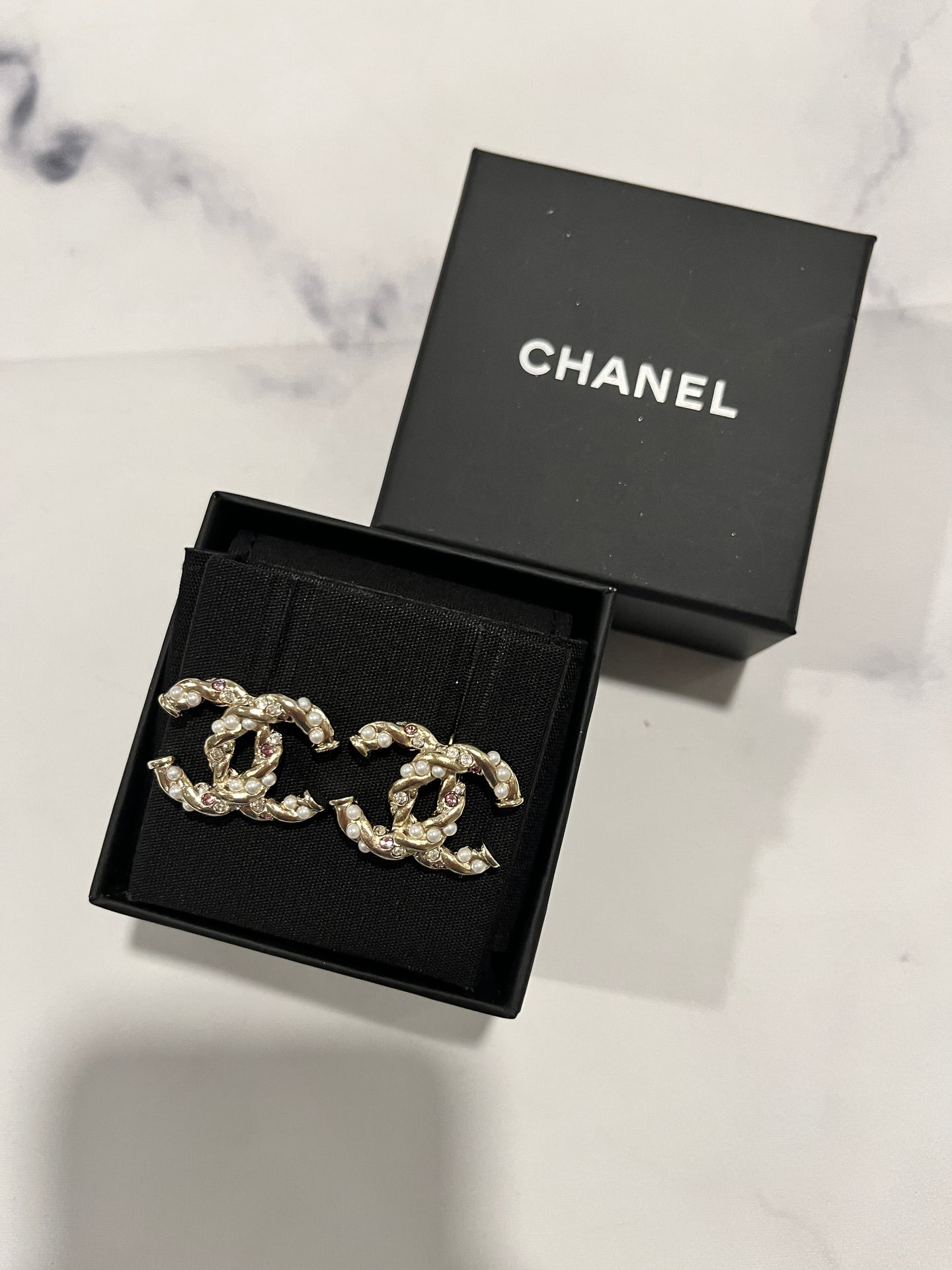 Chanel 23B CC Gold Tone Pearl Crystal Earrings