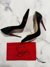 Load image into Gallery viewer, Christian Louboutin Black Leather Iriza 100 Patent Pumps
