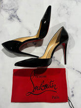 Load image into Gallery viewer, Christian Louboutin Black Leather Iriza 100 Patent Pumps
