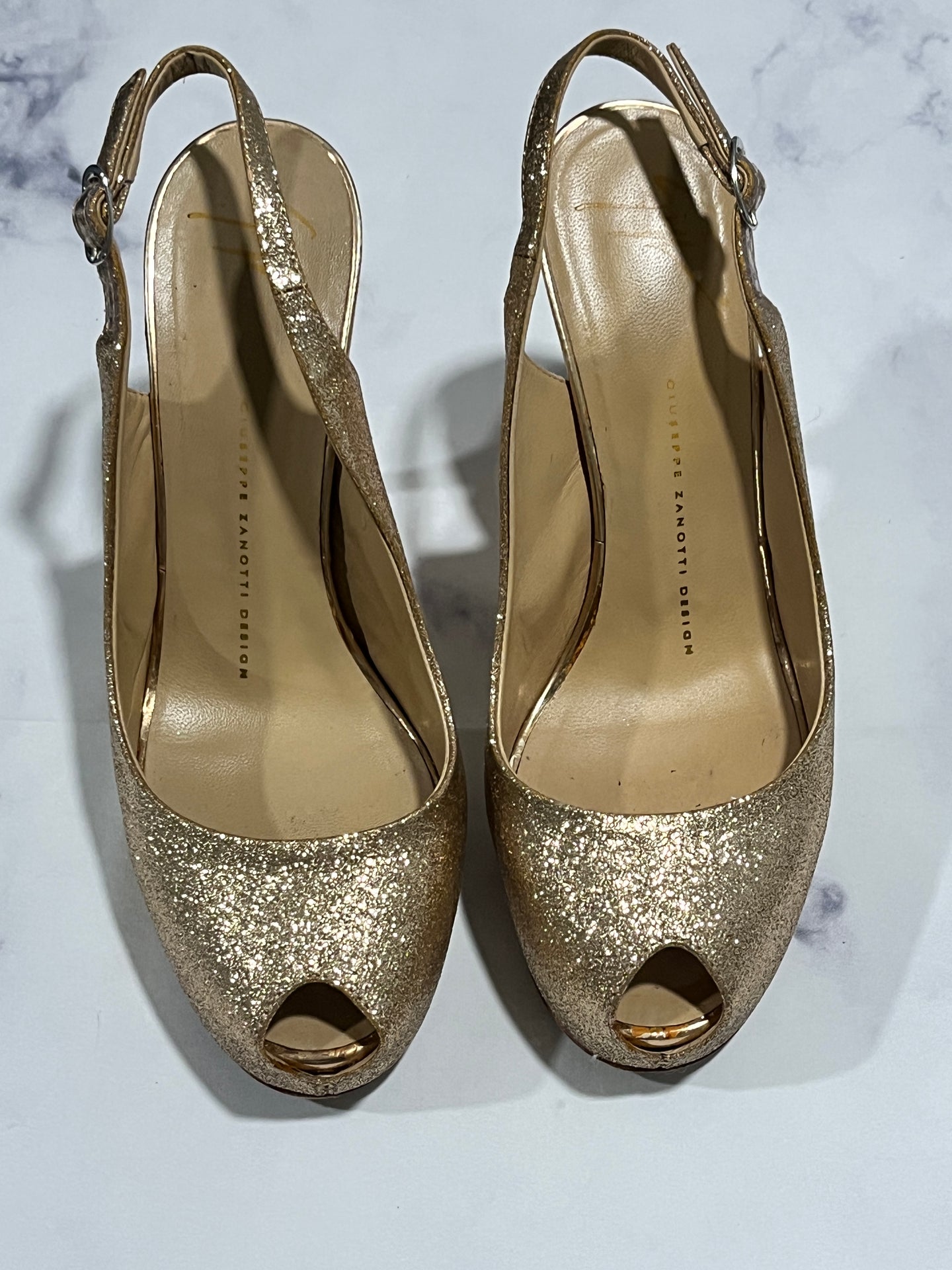 Giuseppe Zanotti Glitter Gold Leather Slingback Sandals
