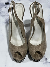 Load image into Gallery viewer, Chanel 14A Beige Fabric Chain Peeptoe Slingback Pumps
