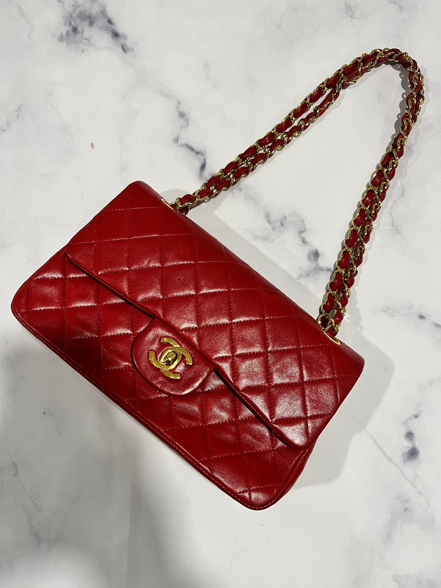 Chanel Classic Red Lambskin Double Flap Small Handbag