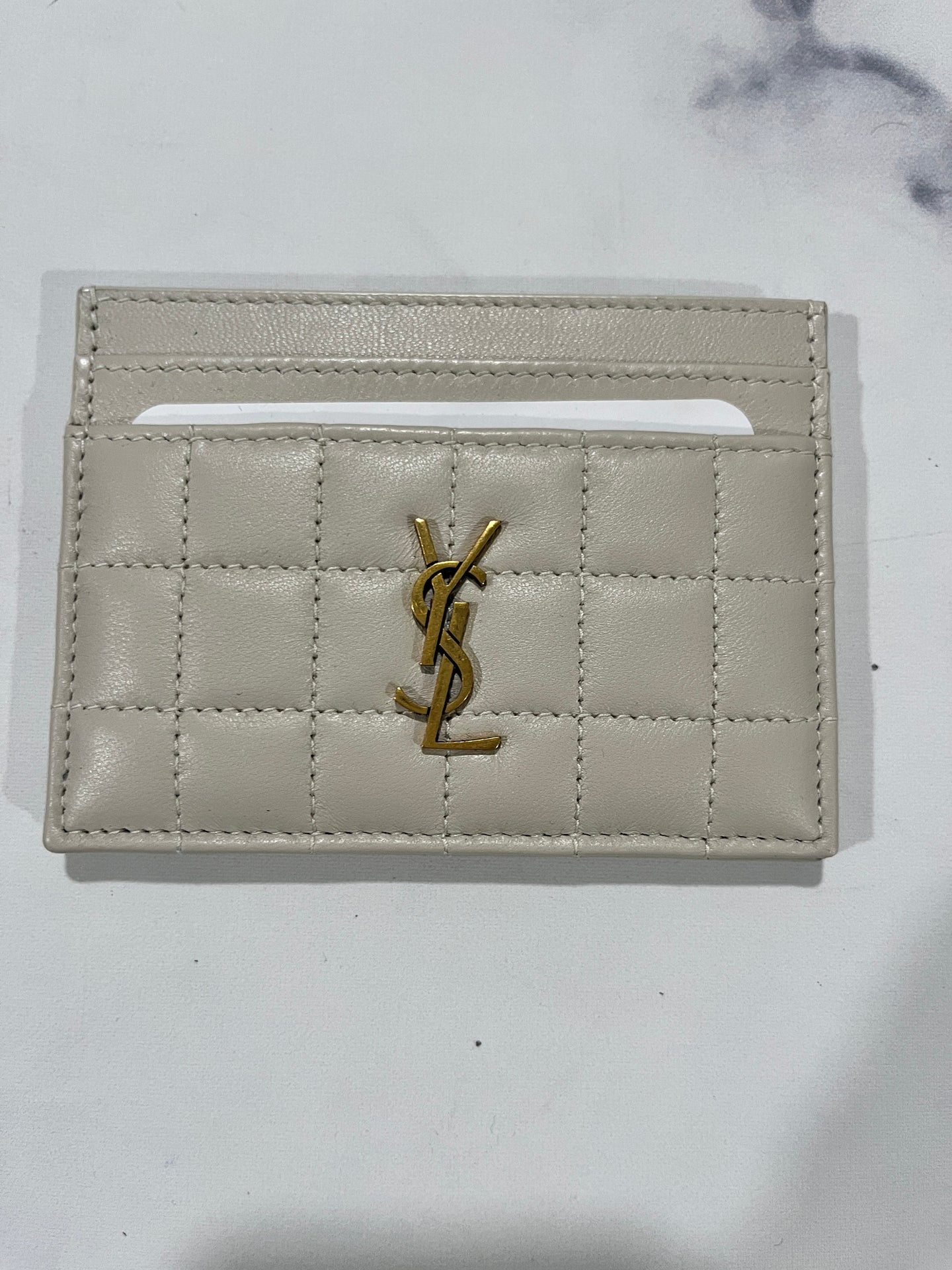 Saint Laurent Ivory Quilted Gold Hardware Card Case
