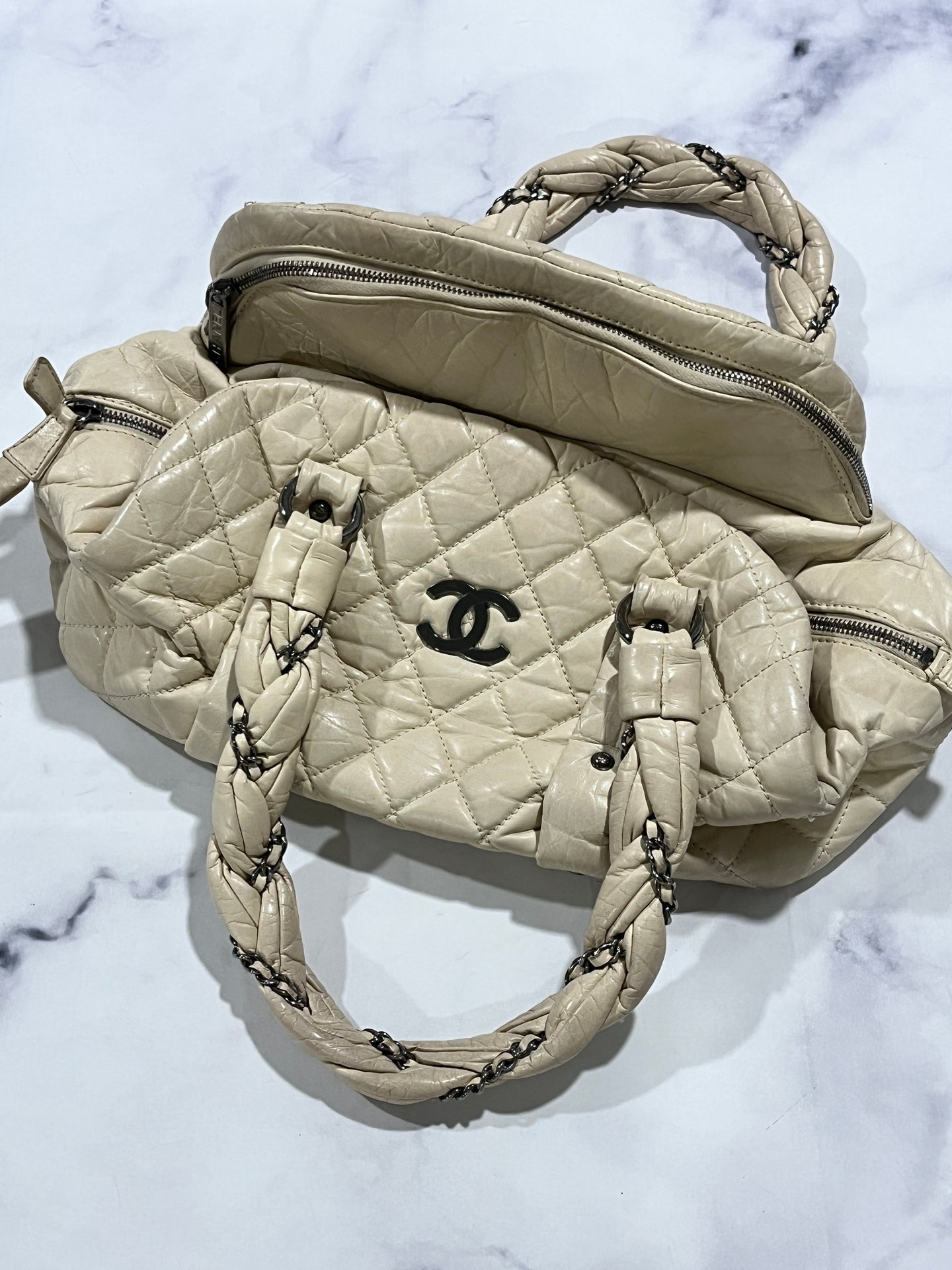 Chanel Ivory Aged Calfskin Braided Bowler Bag