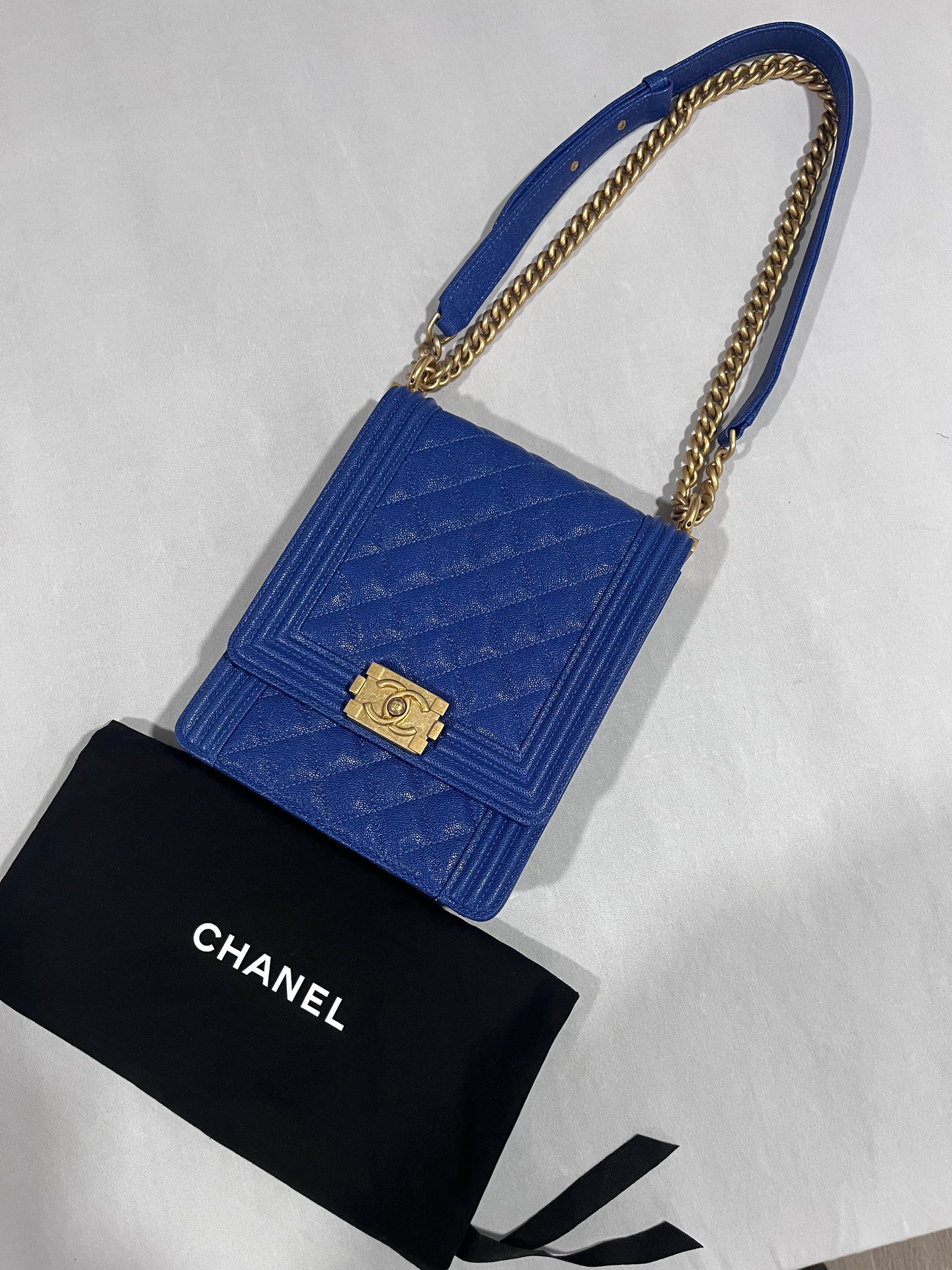 Chanel Boy North South Rectangle Cobalt Blue Caviar Crossbody Bag