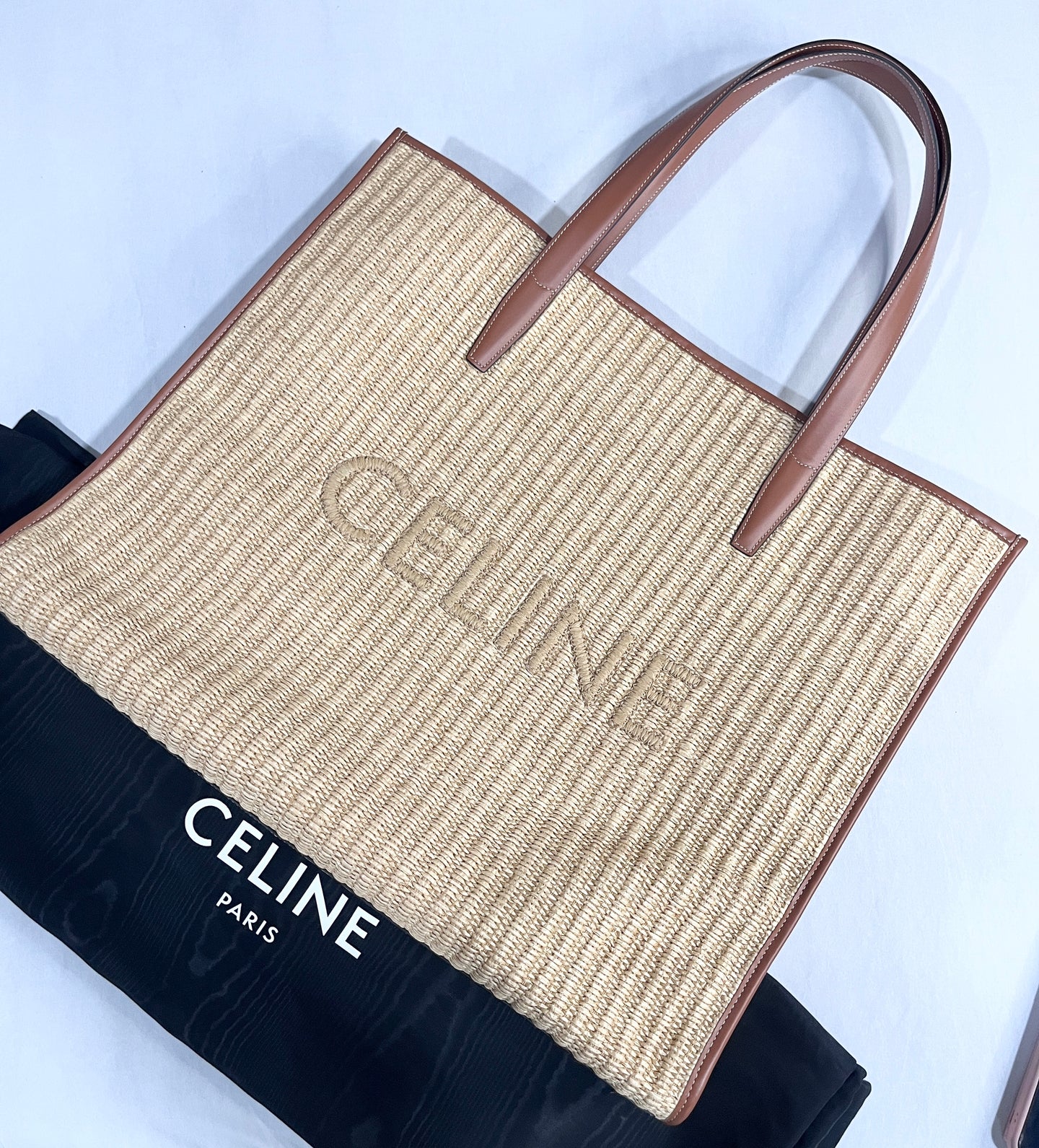 Celine Leather-Trimmed Raffia Large Logo Tote