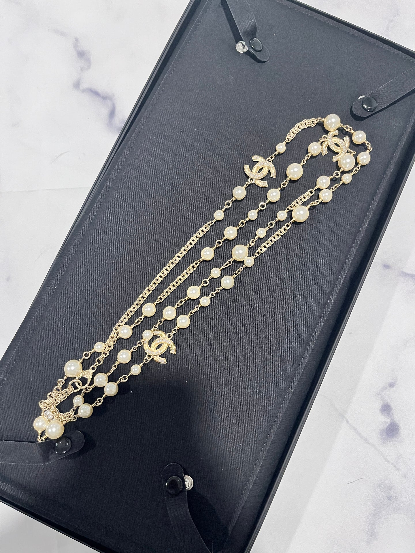 Chanel Long Pearl Strand CC Pearl Inlay Necklace
