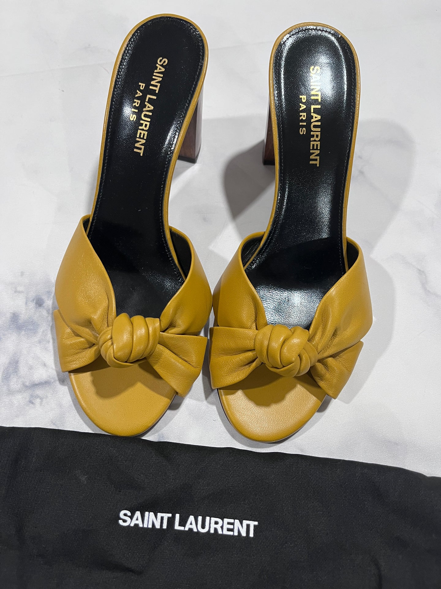 Saint Laurent YSL Mustard Leather Bianca Mule Sandals