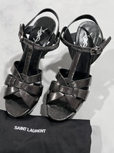 Load image into Gallery viewer, Saint Laurent YSL Metallic Gunmetal Leather Tribute Sandals
