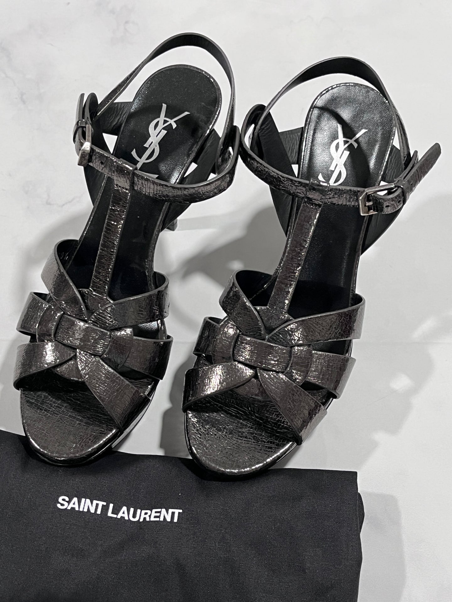 Saint Laurent YSL Metallic Gunmetal Leather Tribute Sandals