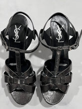 Load image into Gallery viewer, Saint Laurent YSL Metallic Gunmetal Leather Tribute Sandals
