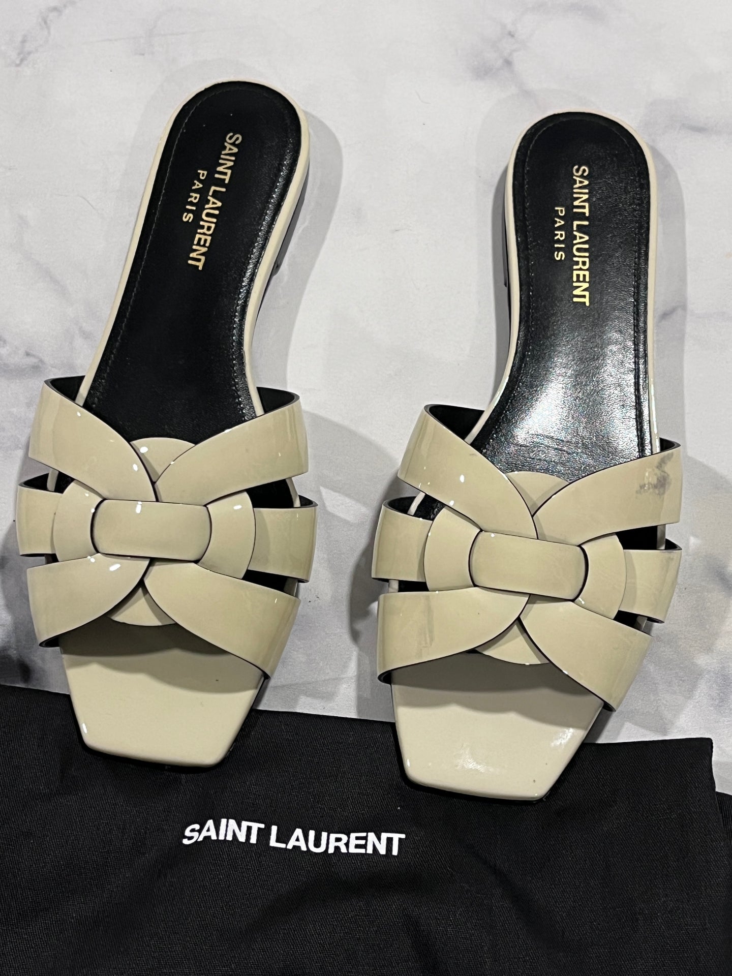 Saint Laurent YSL Ivory Patent Leather Tribute Sandals