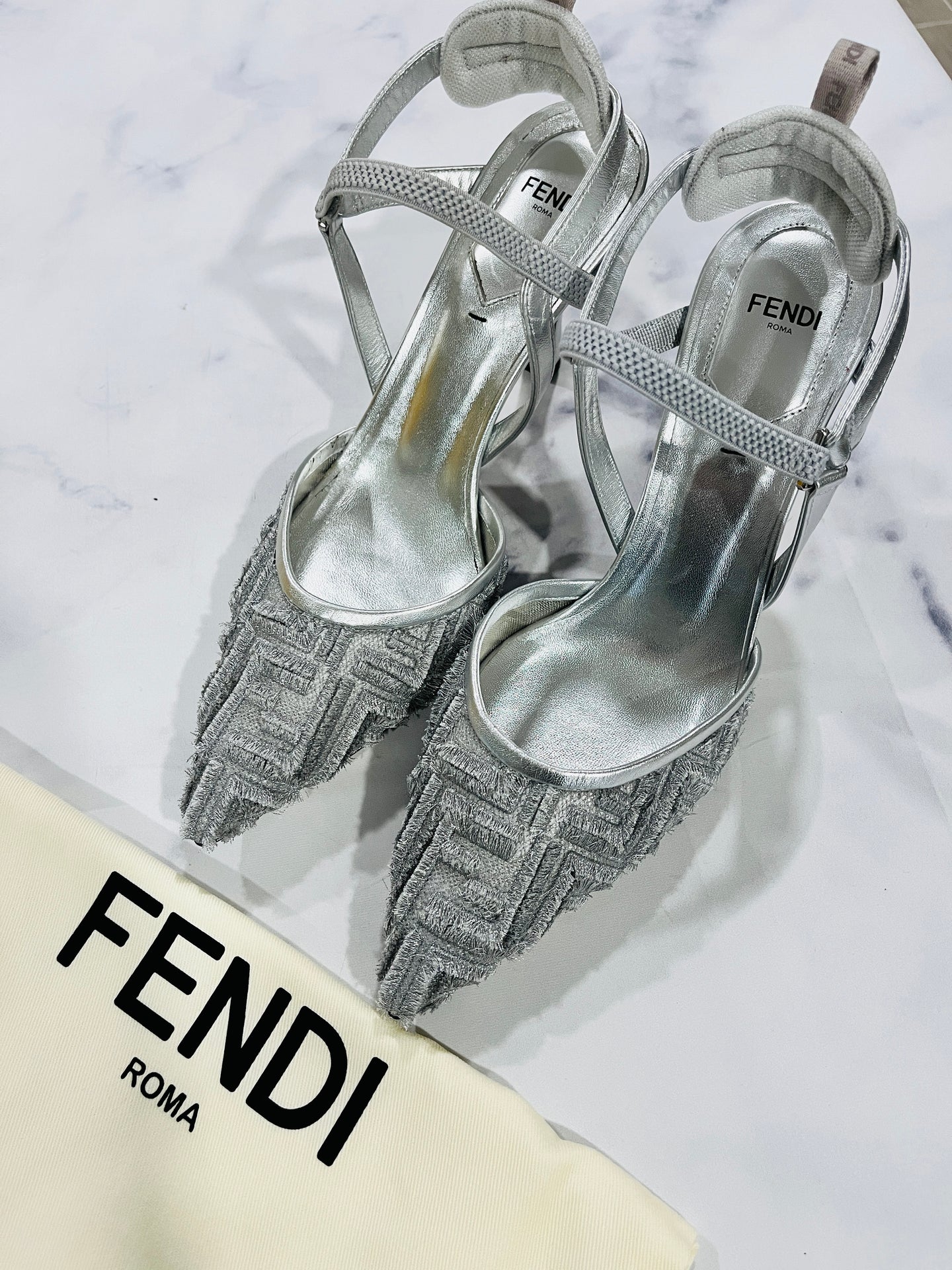Fendi Colbri FF Mesh Silver Slingback Sandals