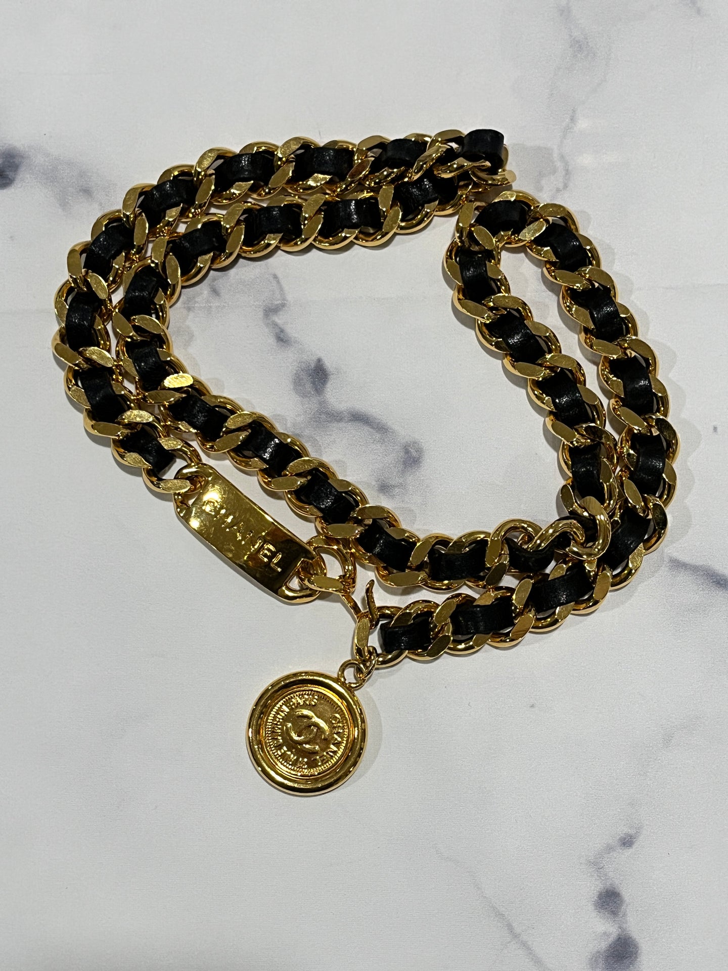 Chanel Vintage  Black Leather Gold Chain Belt
