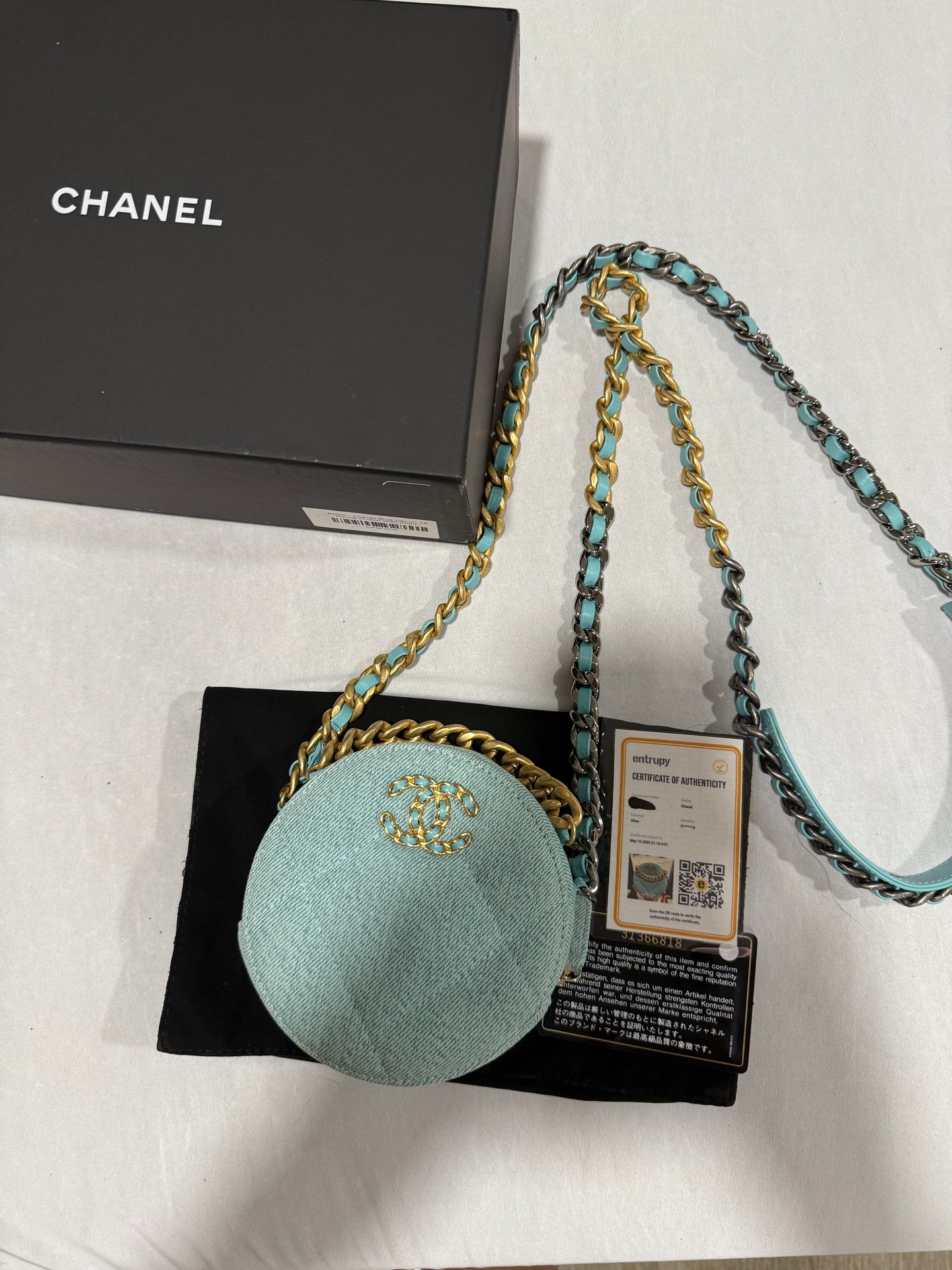 Chanel 19 Lt Blue Denim Round Crossbody Clutch