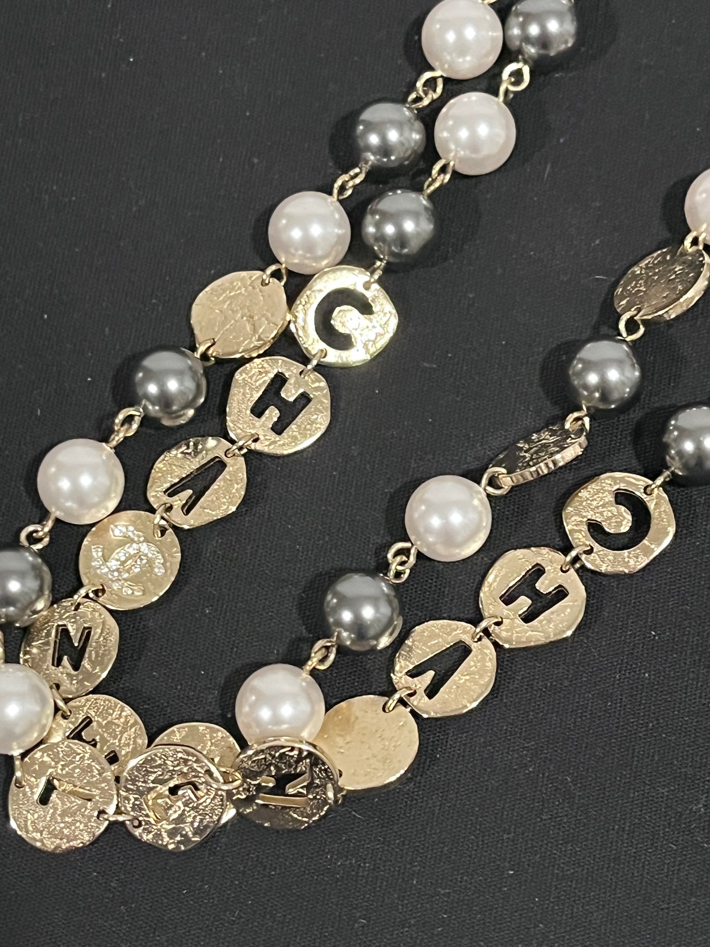 Chanel  19A Egyptian CC Gold tone Faux Pearl Strand Necklace