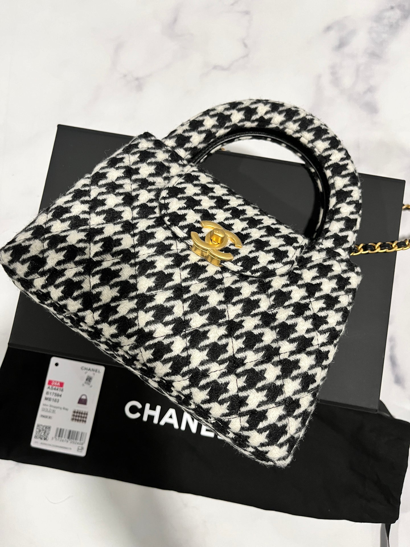 Chanel 24S Black White Houndstooth Large Nano Handbag