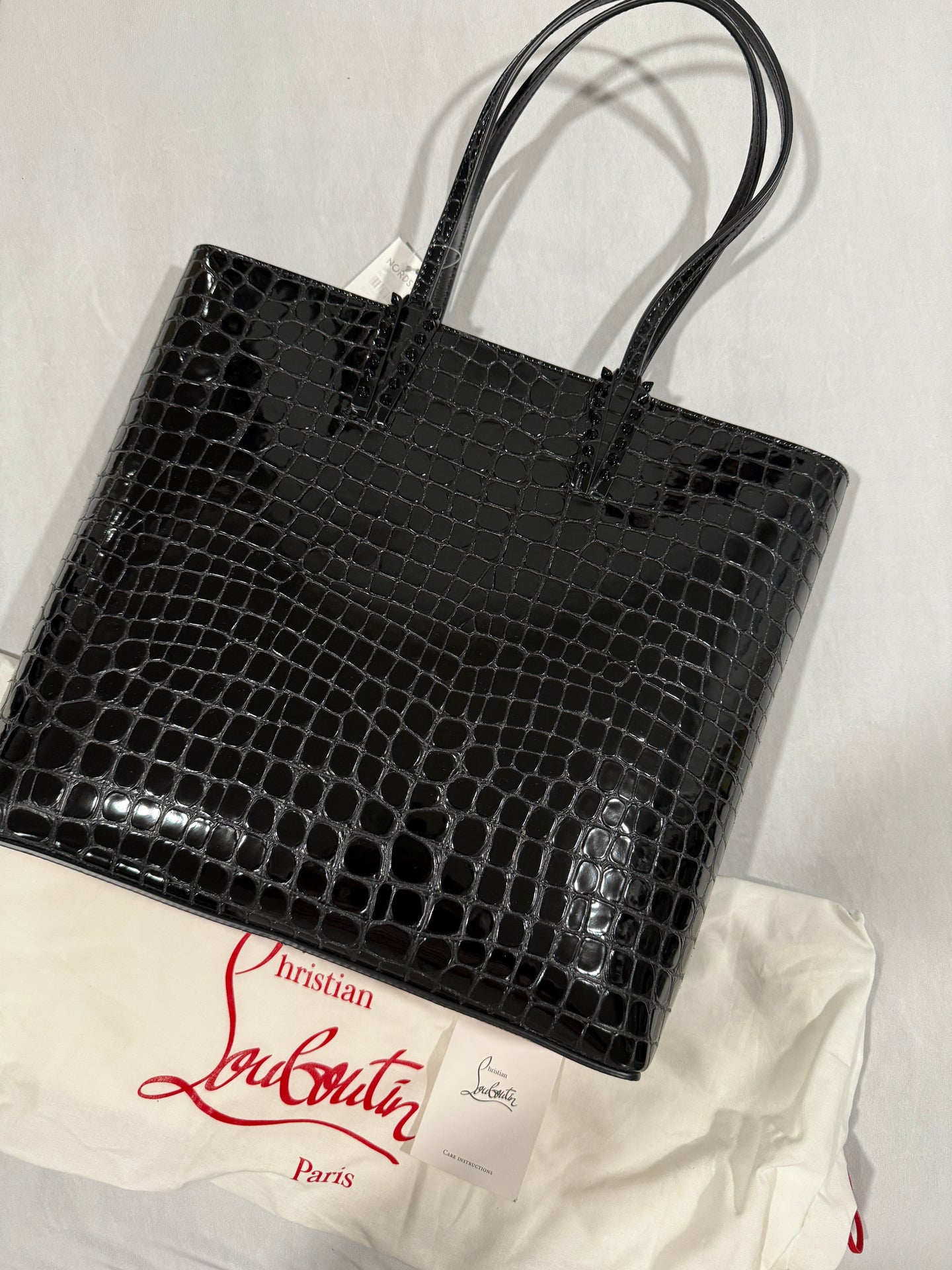 Christian Louboutin Croc Embossed Black Leather Cabata Tote Bag