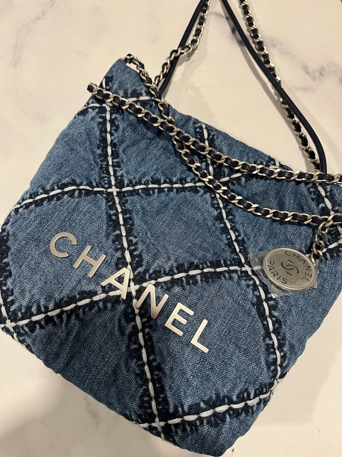 Chanel 24P Stitched  Denim 22 Crossbody Bag