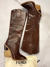 Load image into Gallery viewer, Fendi Brown Croc Embossed Leather Pull Up Western Boots
