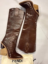 Load image into Gallery viewer, Fendi Brown Croc Embossed Leather Pull Up Western Boots
