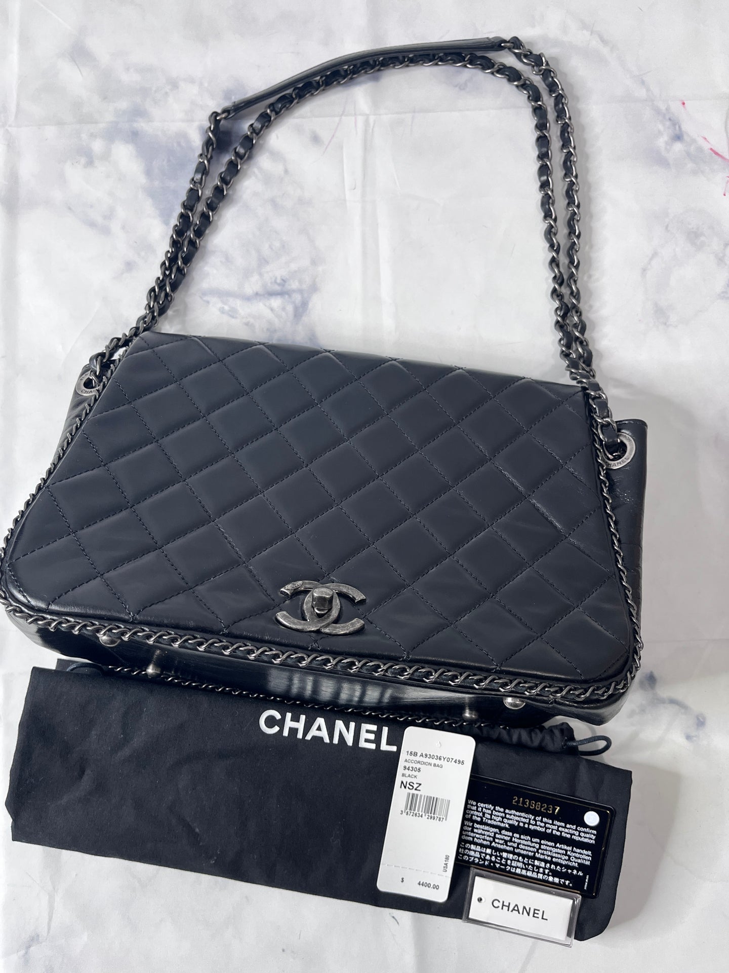 Chanel 15B Black Leather Quilted Enchained Bag