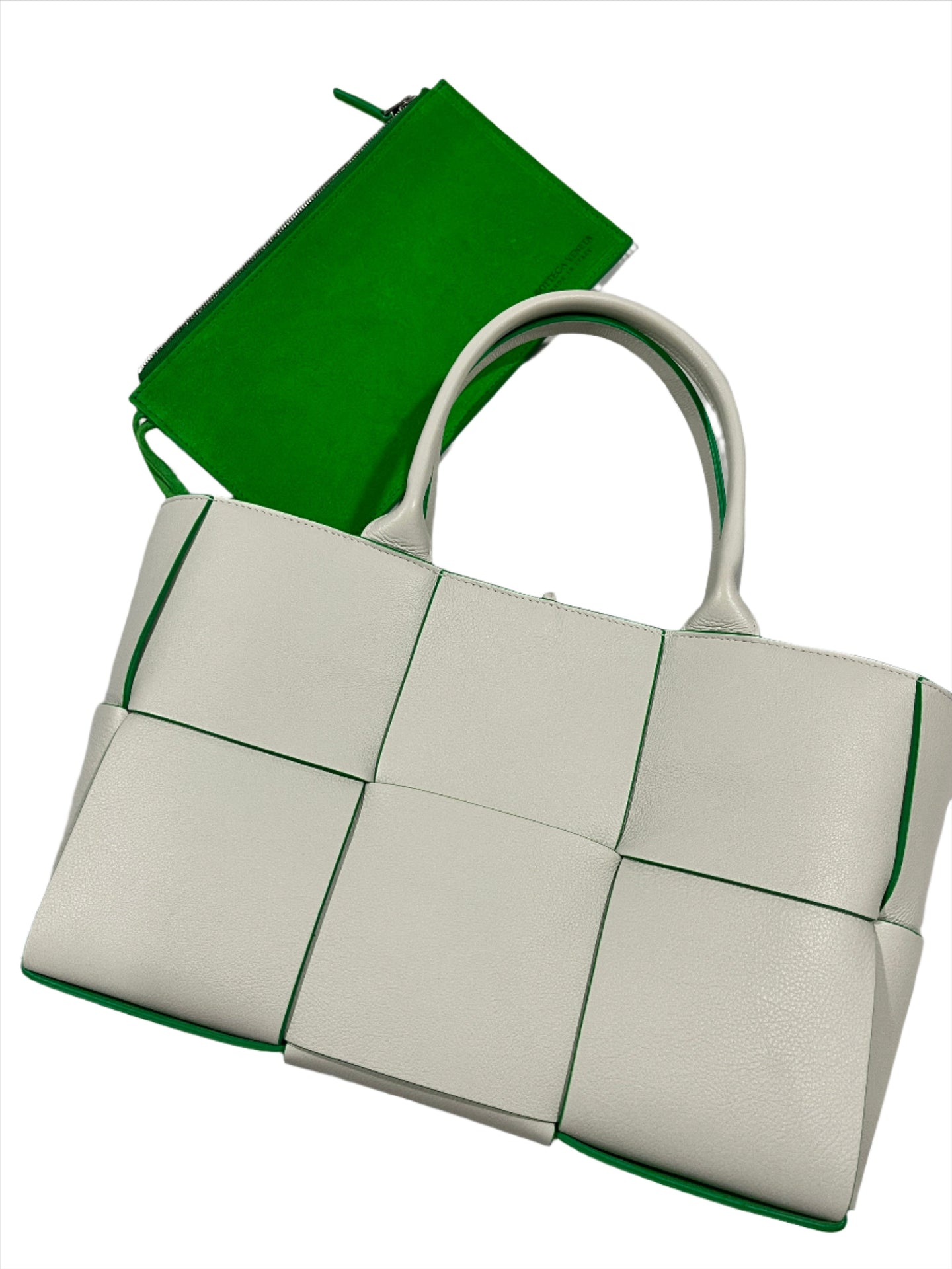 Bottega Veneta Leather White & Parakeet Arco Tote with Pouch