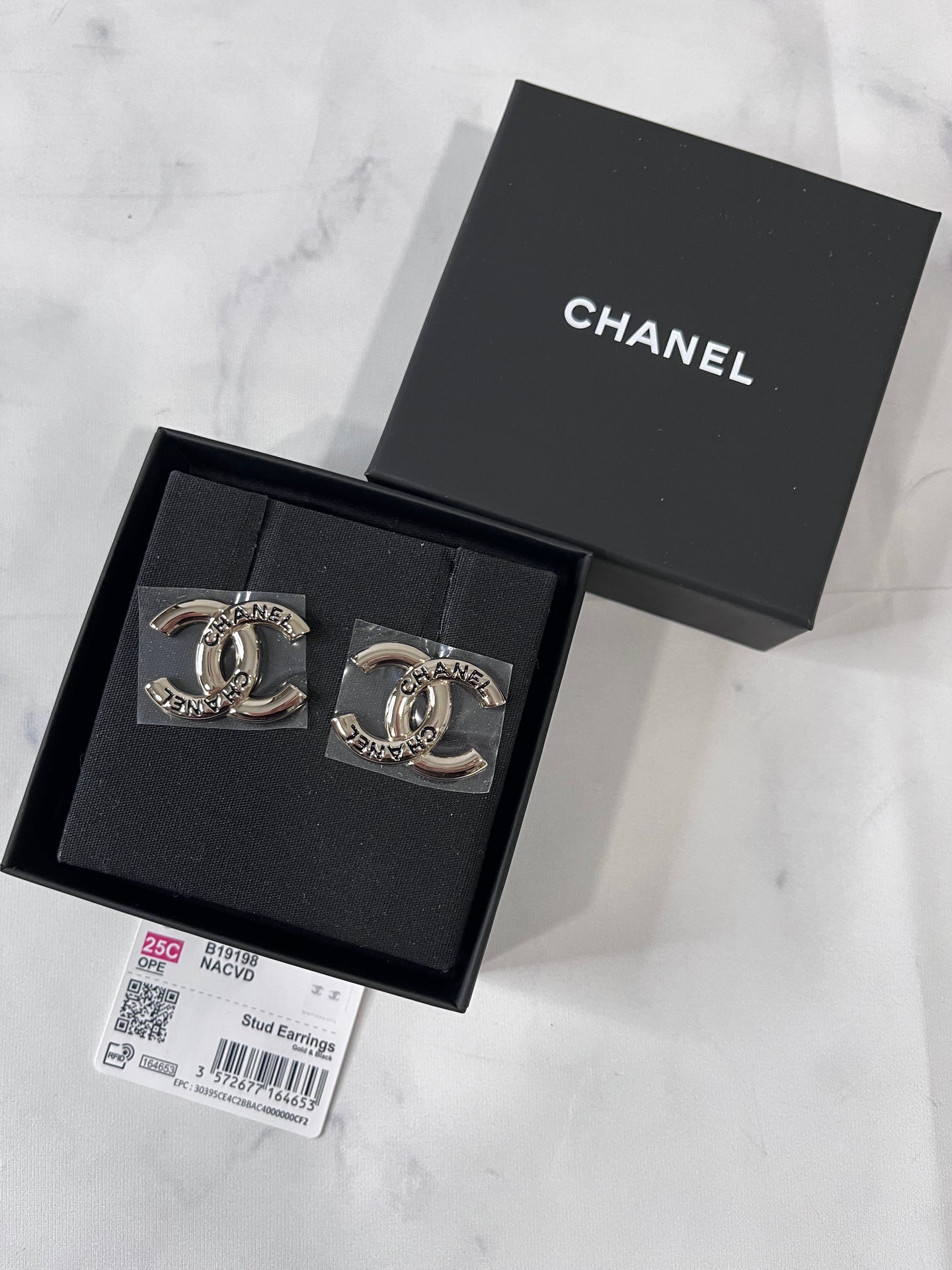 Chanel 25C Gold Tone CC Black Script Earrings