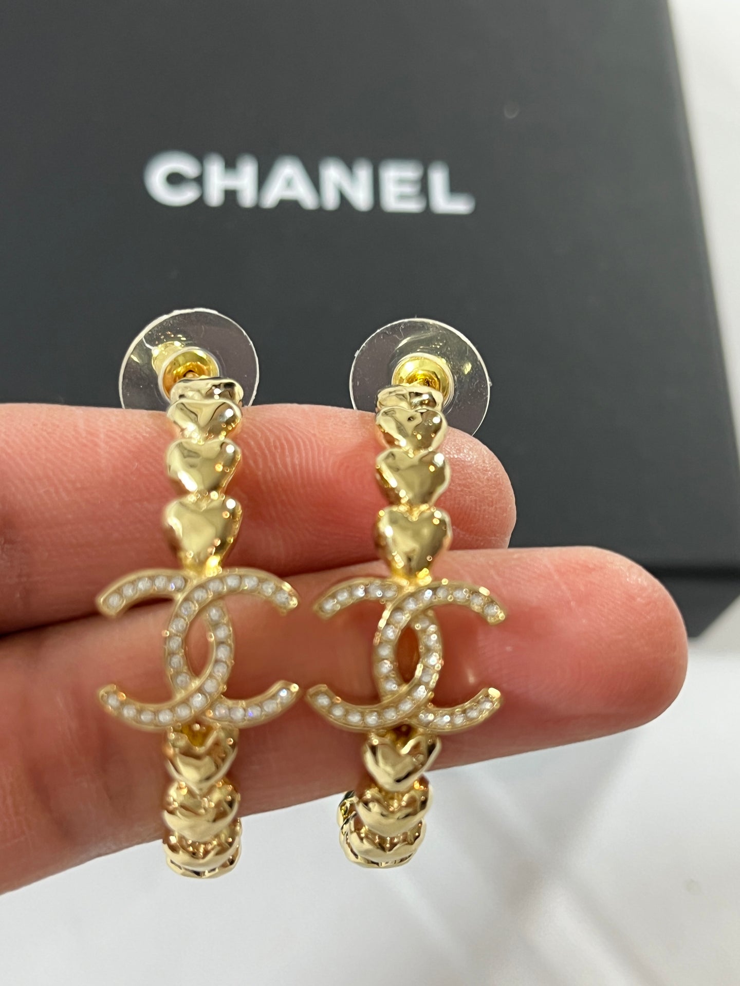 Chanel 23P Crystal CC Gold Tone Heart Hoop Earrings