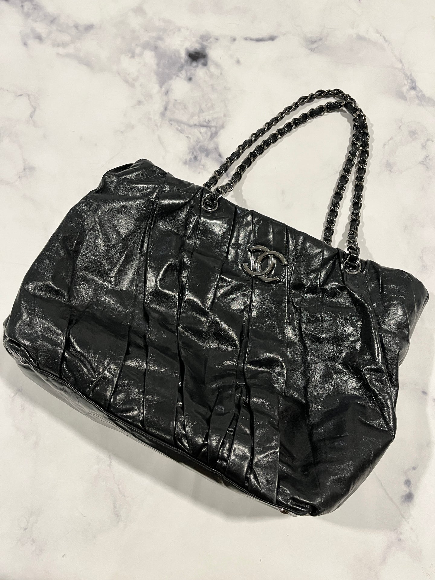 Chanel Black Glazed Calfskin Pleated Leather Tote Handbag