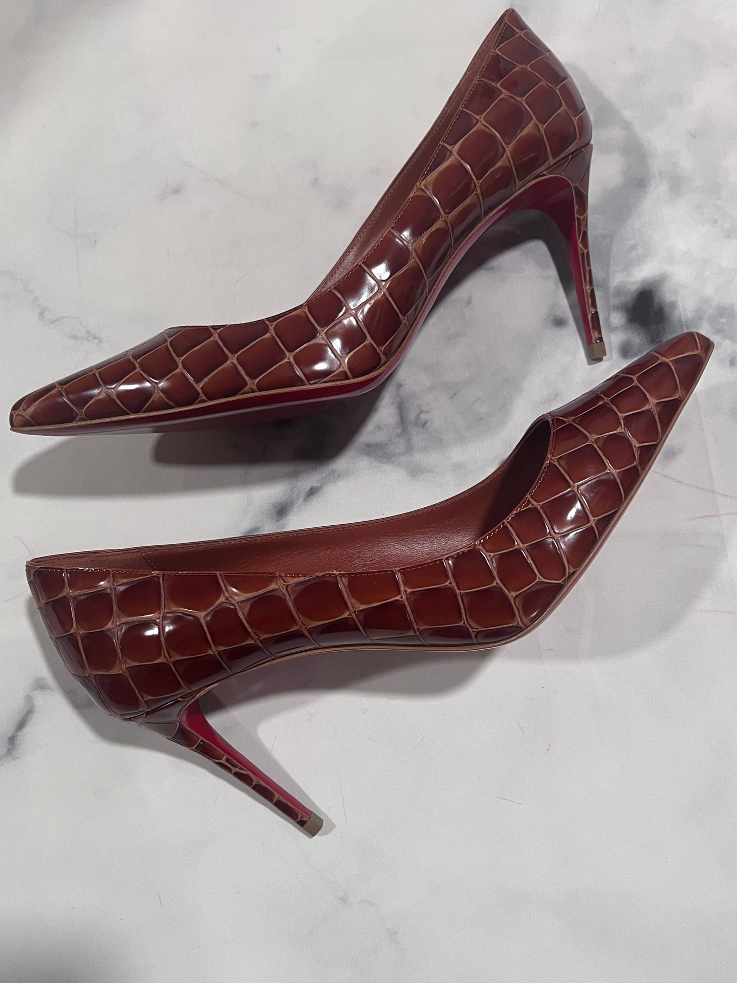 Christian Louboutin Croc Effect Patent Leather Pumps Tan