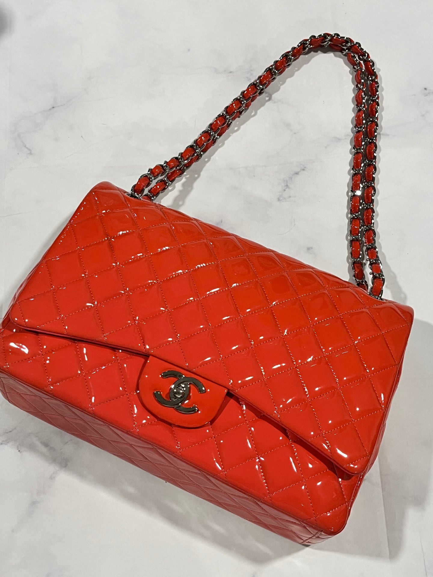 Chanel Coral Patent Leather Jumbo Double Classic Flap Shoulder Bag