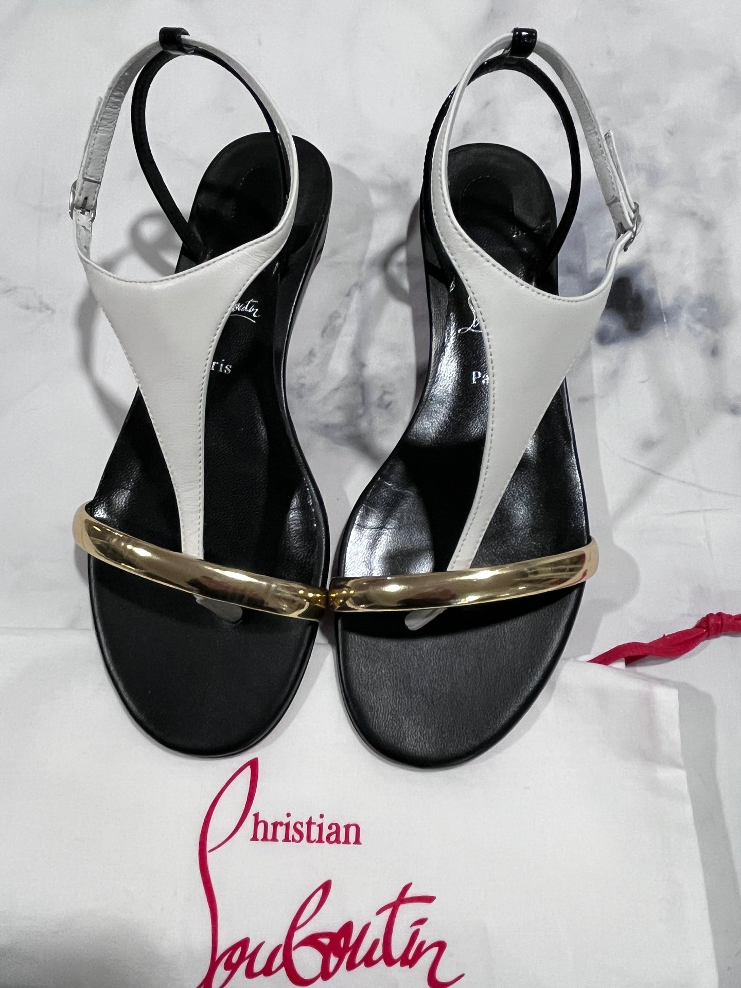 Christian Louboutin Black, White & Gold Flat Sandals