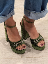 Load image into Gallery viewer, Gucci GG Denim Lady Horsebit  Green Logo Velvet Slingback Sandal
